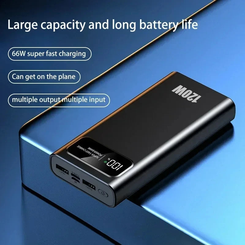 Xiaomi 200000mAh power bank with 120W fast charging, LED display, and high capacity for phones.
