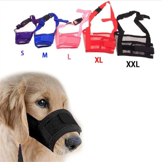 Adjustable breathable mesh dog muzzle with nylon strap for all sizes.
