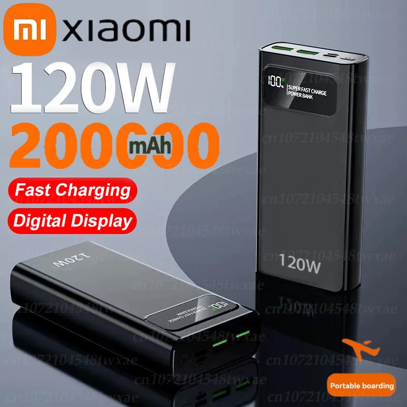 Xiaomi 200000mAh power bank with 120W fast charging, LED display, and high capacity for phones.
