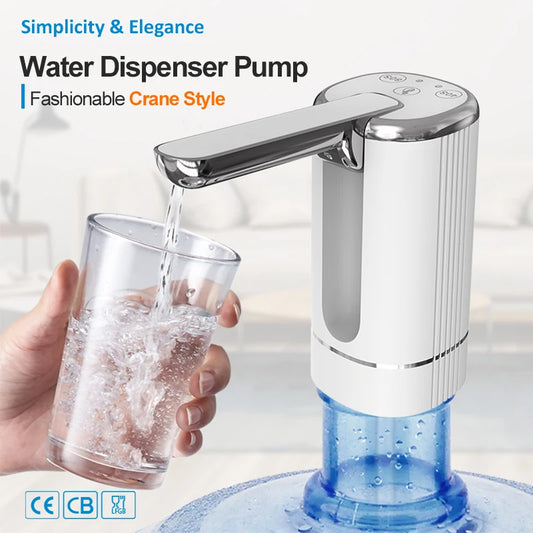 Portable folding electric water pump with push-button control.