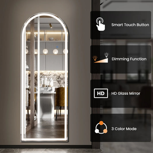 JHK LED full-length mirror, 60x16 inch, aluminum frame, 3 light colors, standing for living room.