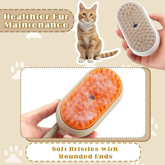 3-in-1 Cat & Dog Pet Spray Massage Brush with steam spray, foldable design, and rotating hair removal comb.