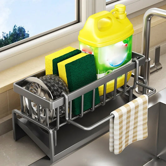 Kitchen sink drain rack organizer. Made of durable ABS plastic. Holds soap, sponge, and cloth. Includes filter basket for drainage. Perfect home kitchen accessory.